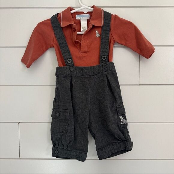 Janie and Jack 0-3 Month Layette Overalls Spring Orange Grey One Piece - Picture 1 of 3
